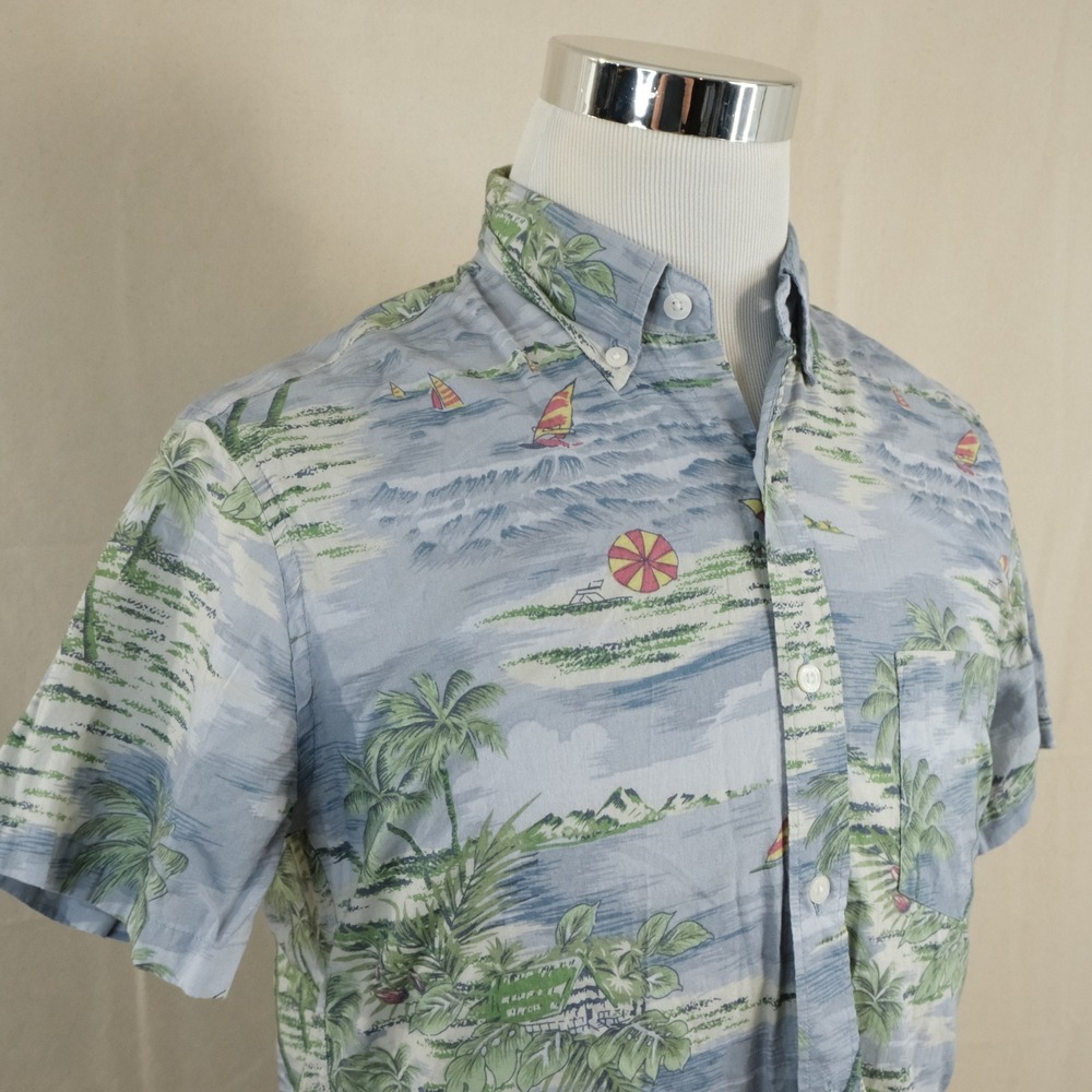 J.Crew Medium Slim Light Weight Chambray Shirt Blue Tropical Palm Trees Mens